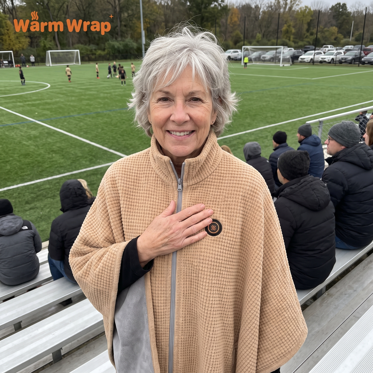 WarmWrap heated blanket worn at the soccer game
